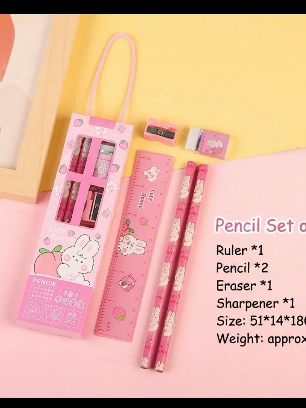 Cute Bunny Pink Kids Pencil Set with Ruler and Sharpener